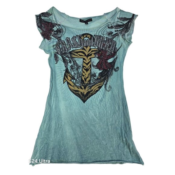 Crash & Burn Women's Graphic Tee Blue Sequins Glitter Anchor Semi Sheer Small - Picture 1 of 8